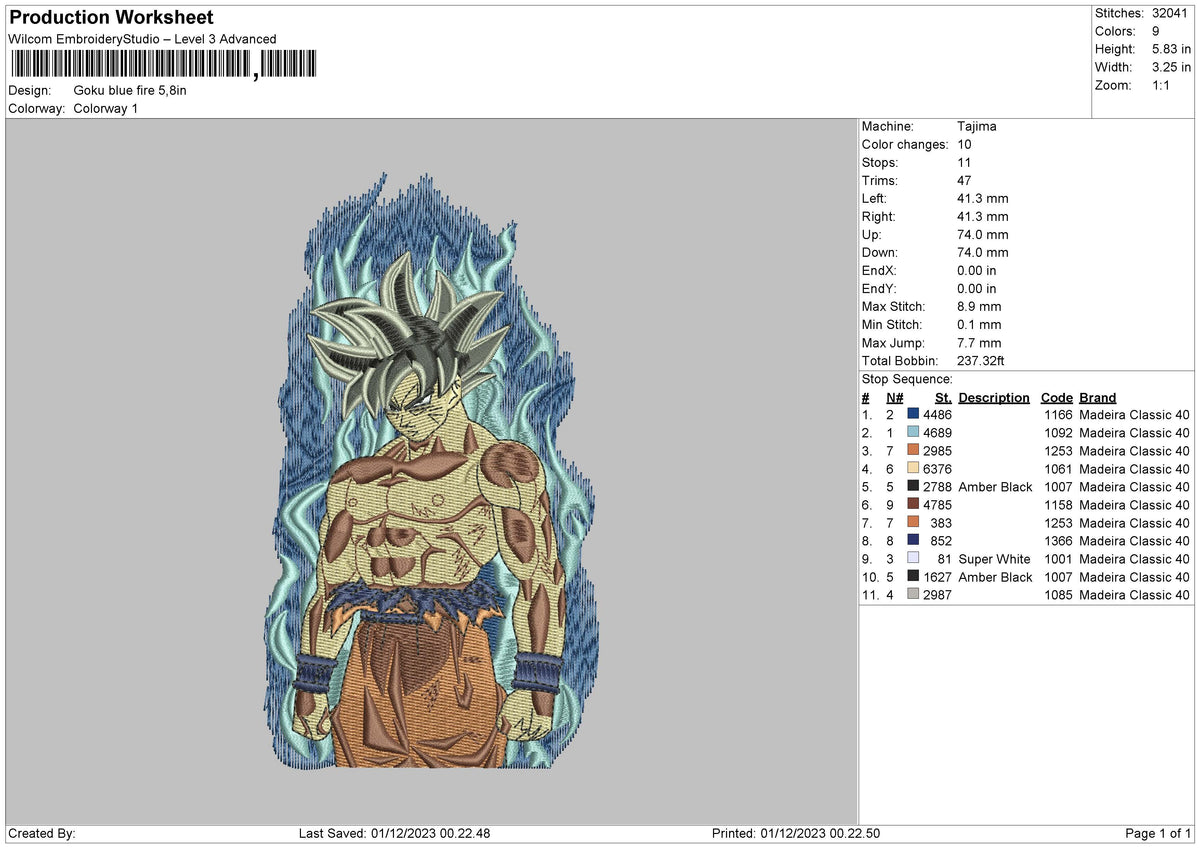Goku Blue 3011 Embroidery File 6 sizes