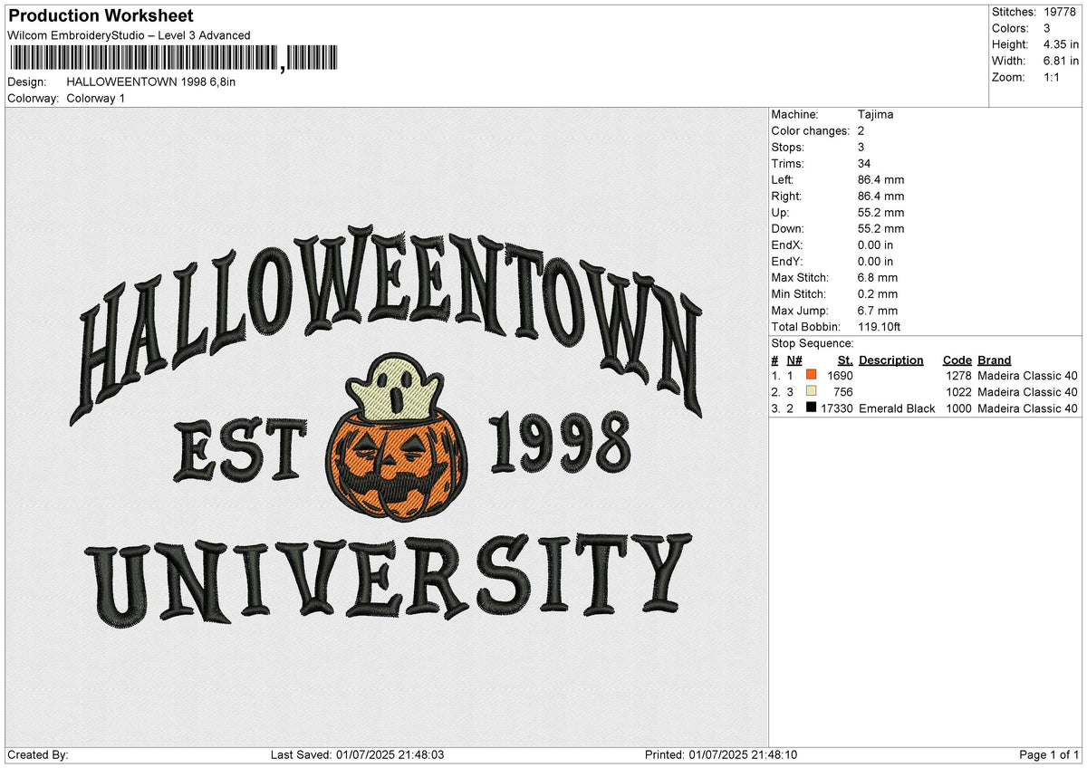 HALLOWEENTOWN 1998 Embroidery File 6 size