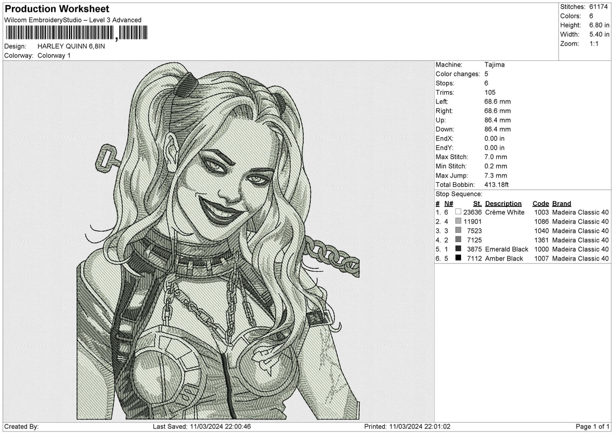 HARLEY QUINN Embroidery File 12 size