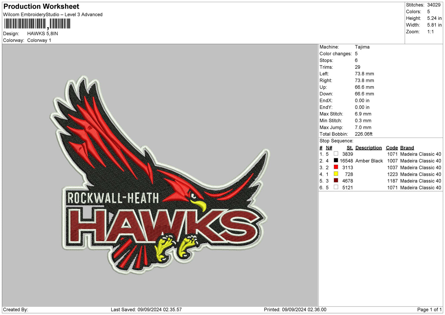 Hawks 0809 Embroidery File 6 sizes