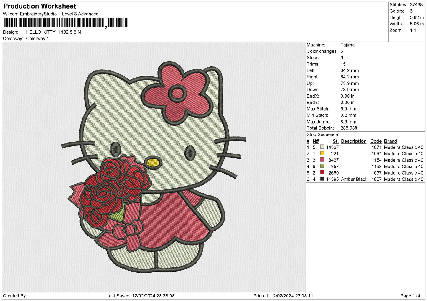 HELLO KITTY 1102 Embroidery File 6 size