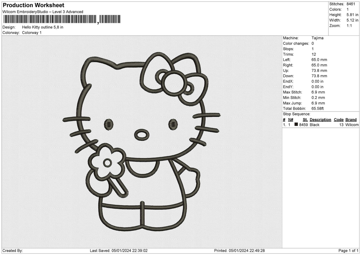 Hello Kitty Outline v2 Embroidery File 6 size