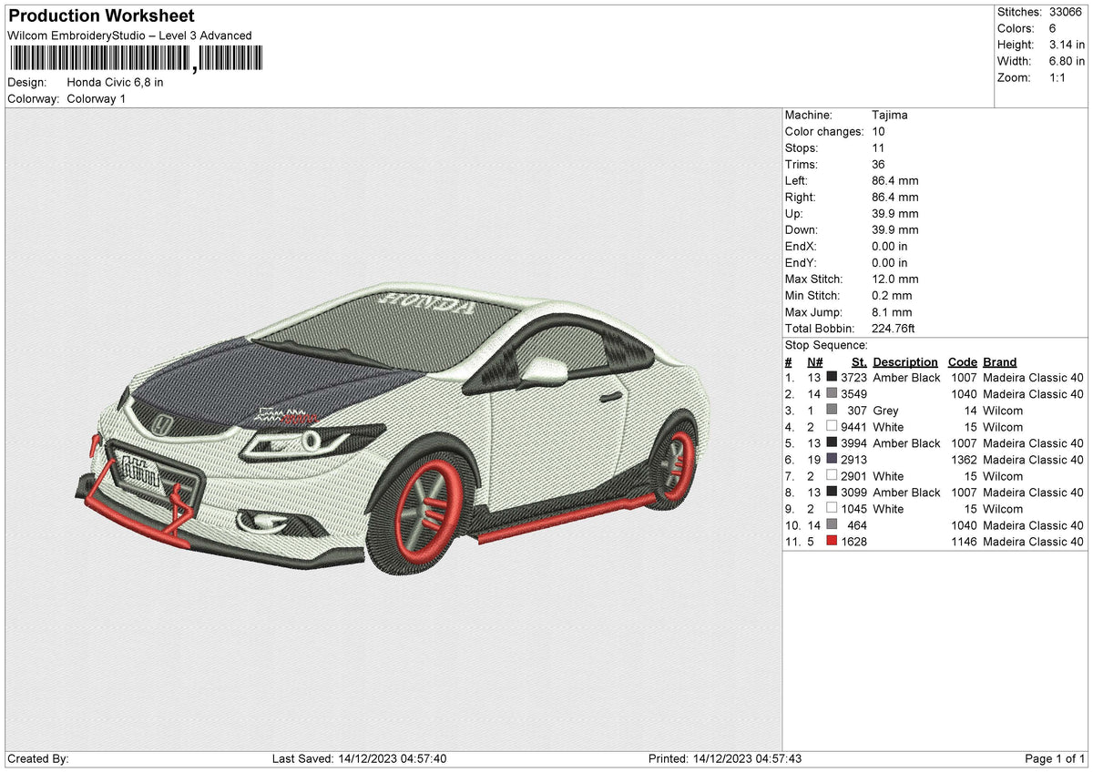 Honda Civic Embroidery File 6 size