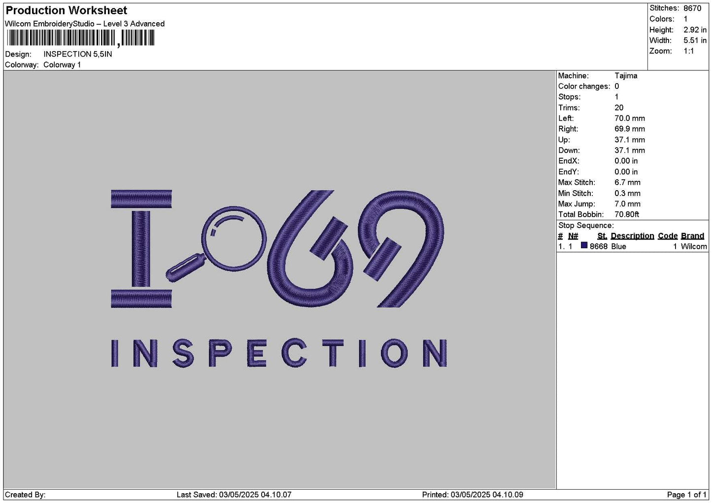 Inspectiontext Embroidery File 6 sizes