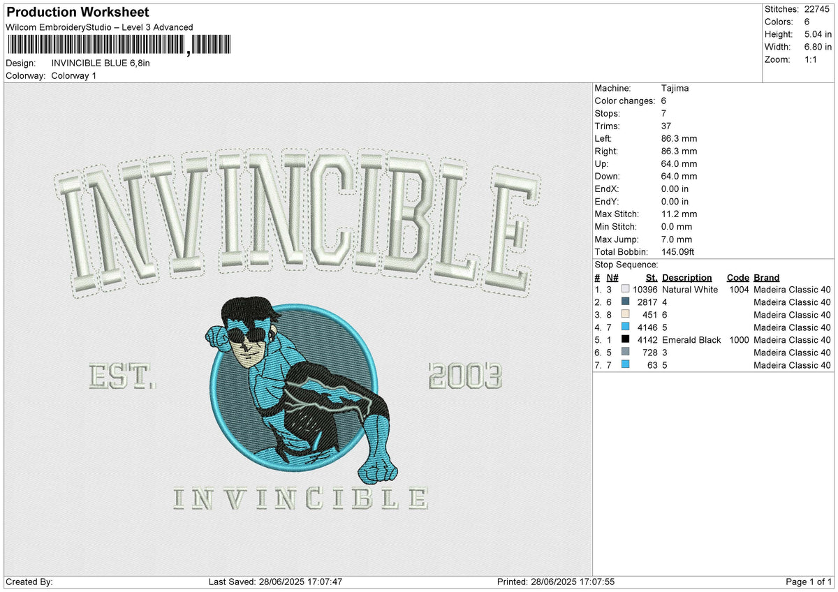 INVINCIBLE BLUE Embroidery File 6 size