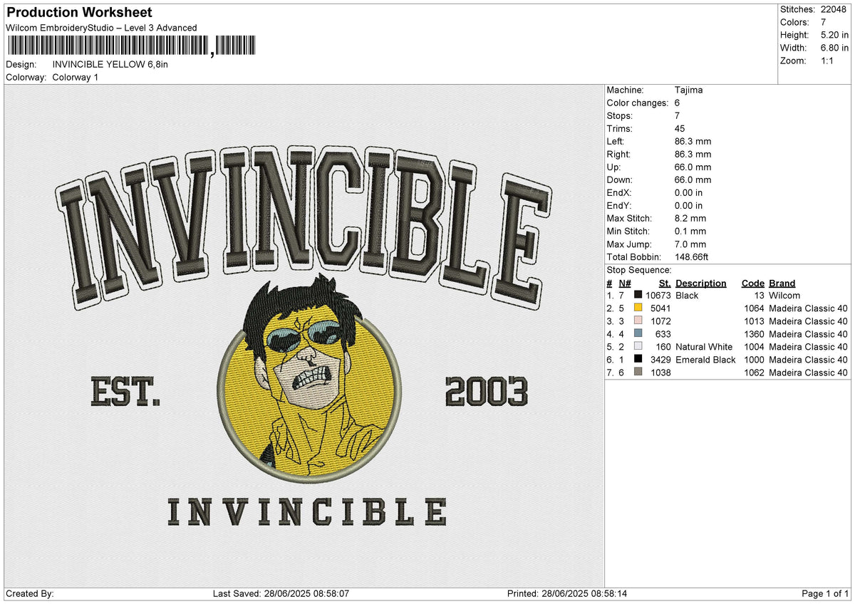INVINCIBLE YELLOW Embroidery File 6 size