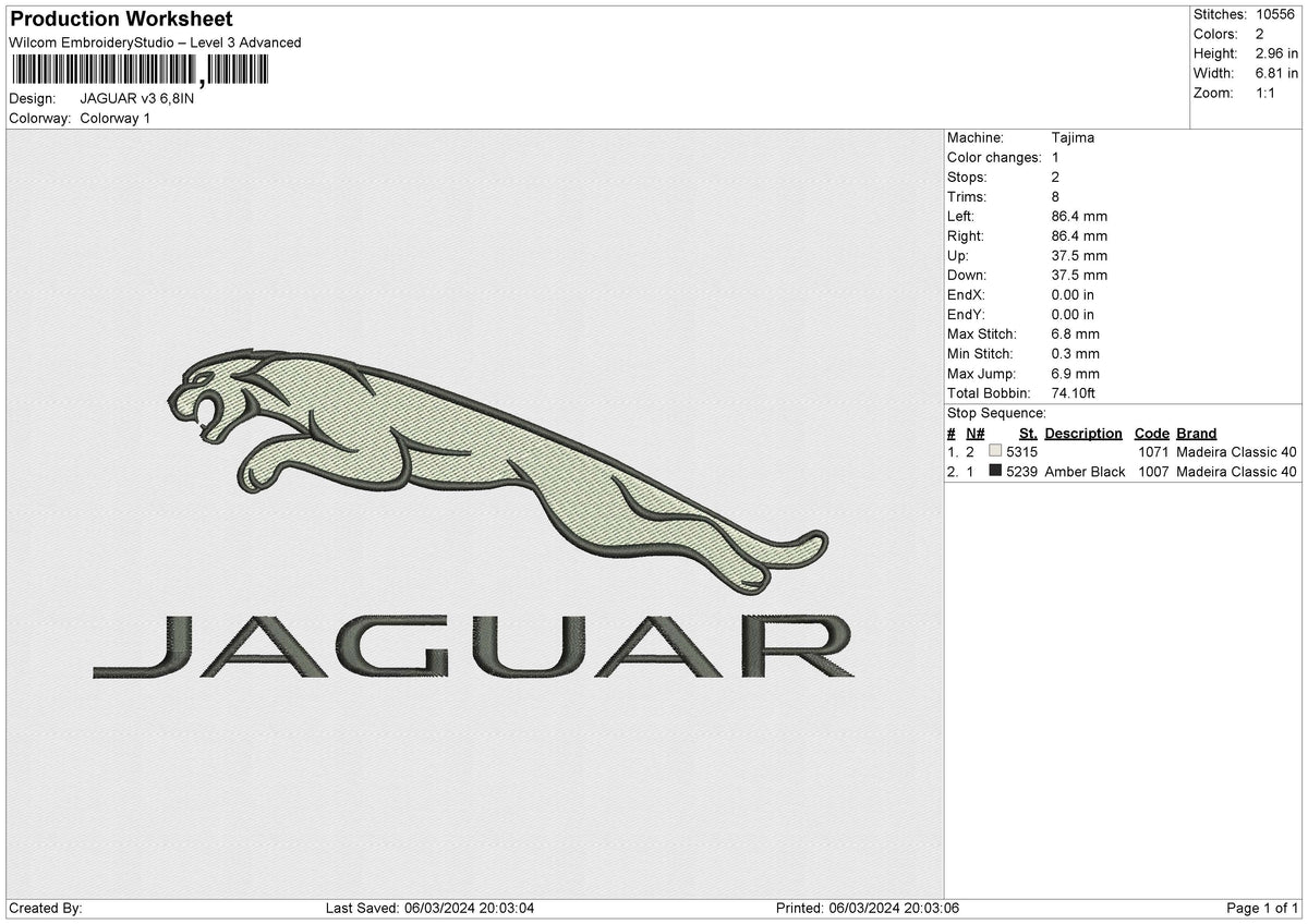 JAGUAR v3 Embroidery File 6 size