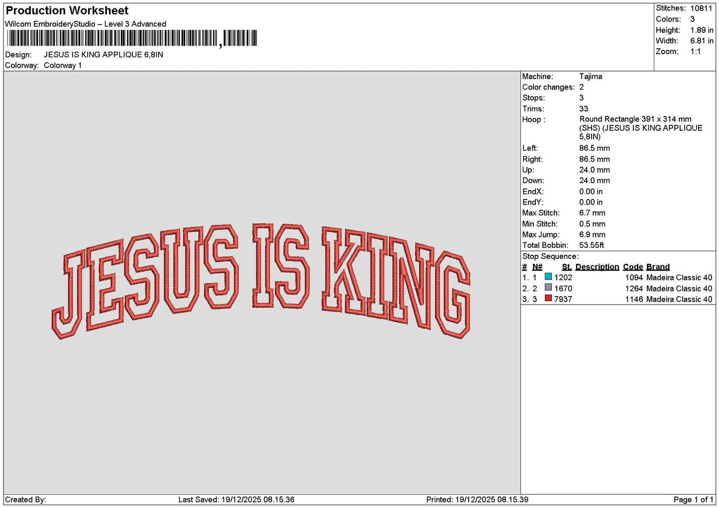 Jesustext 1912 Embroidery File 6 sizes