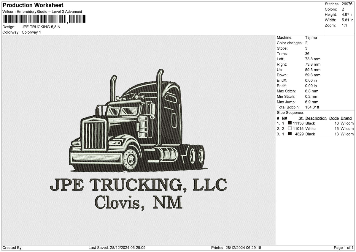 JPE TRUCKING Embroidery File 6 size
