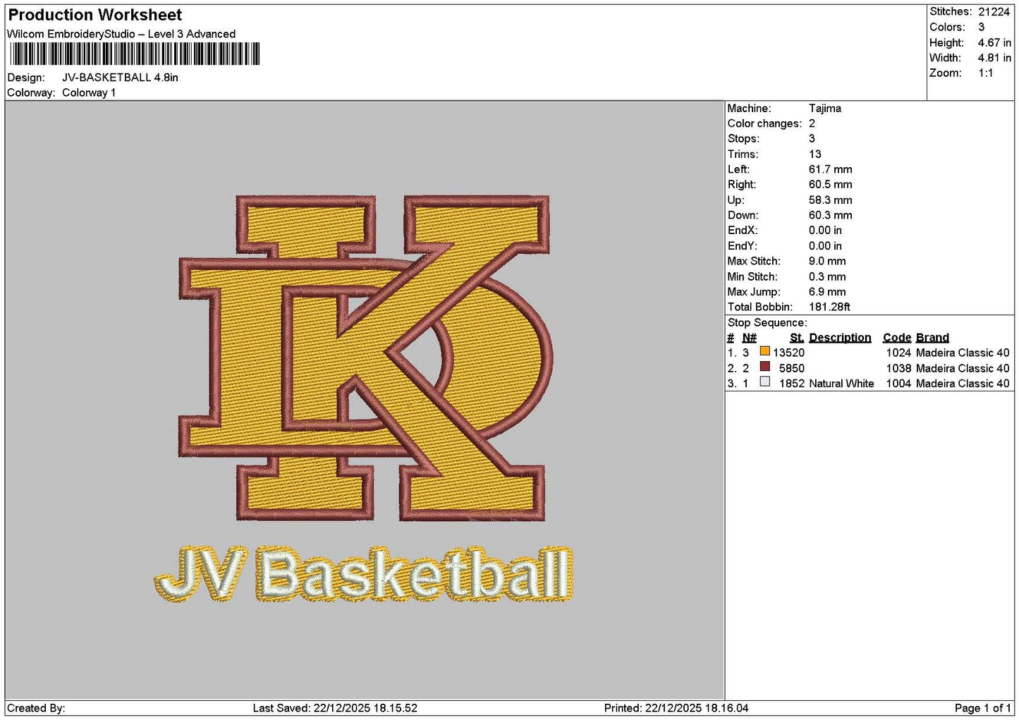 Basketball 2212 Embroidery File 6 sizes