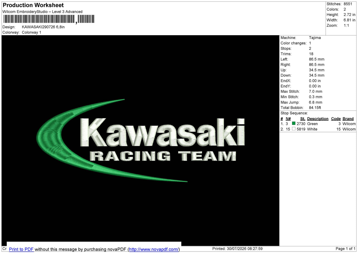 KAWASAKI290726 Embroidery File 6 sizes