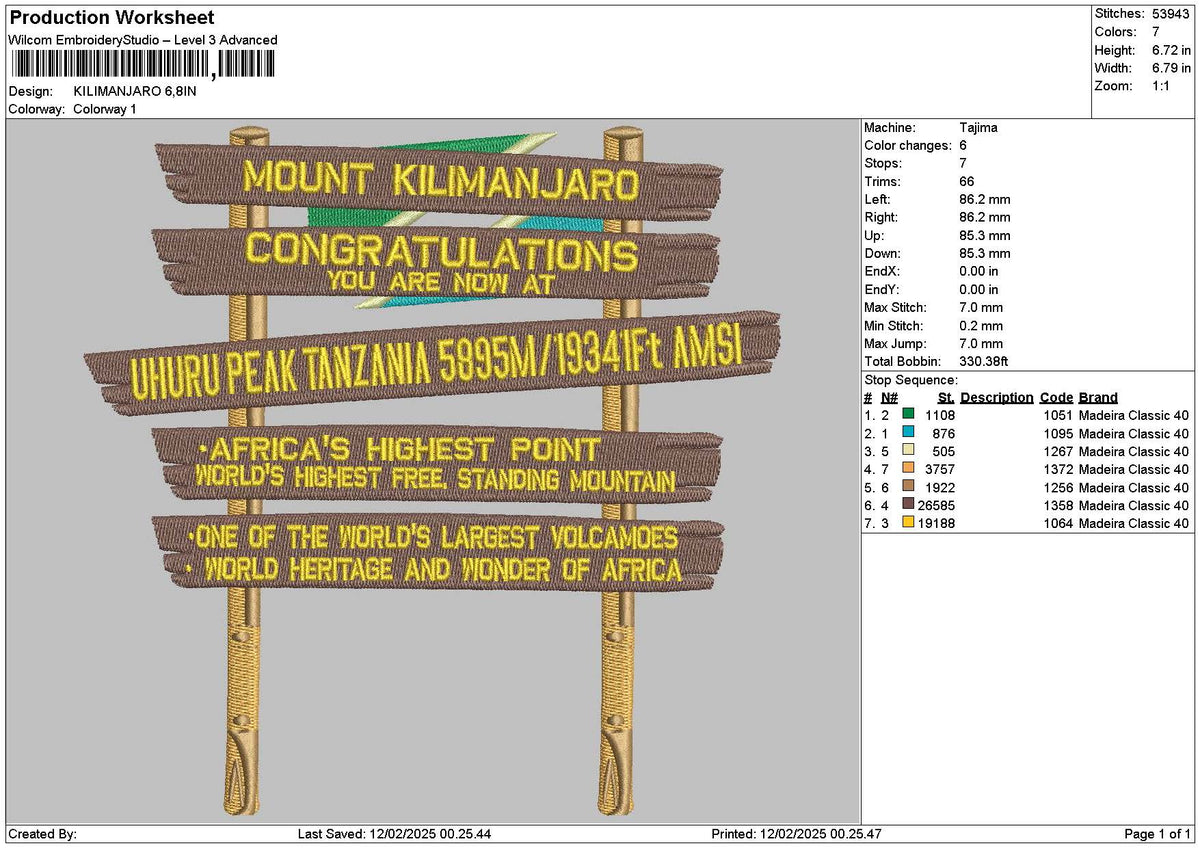 Kilimanjarotext Embroidery File 6 sizes