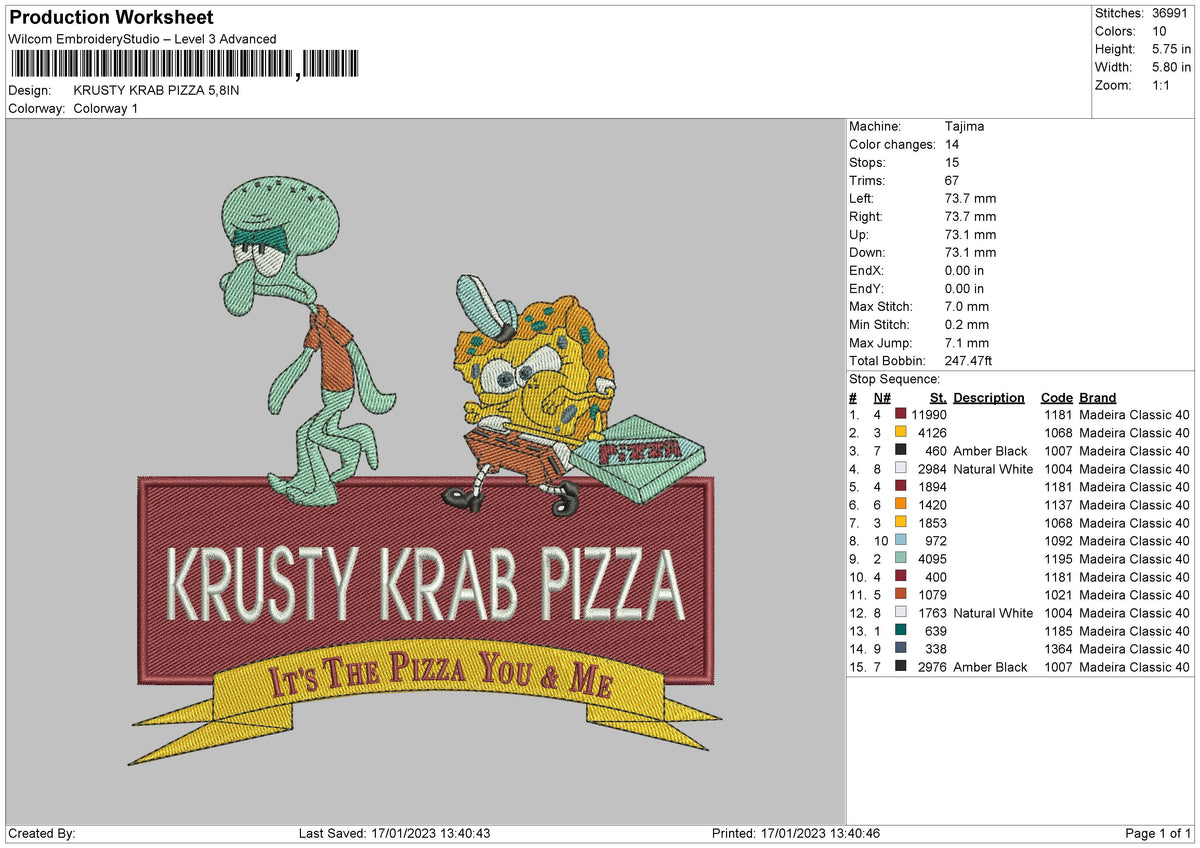 Krab Pizza Embroidery File 6 sizes