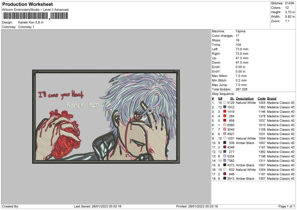 Kaneki K Embroidery file 6 sizes