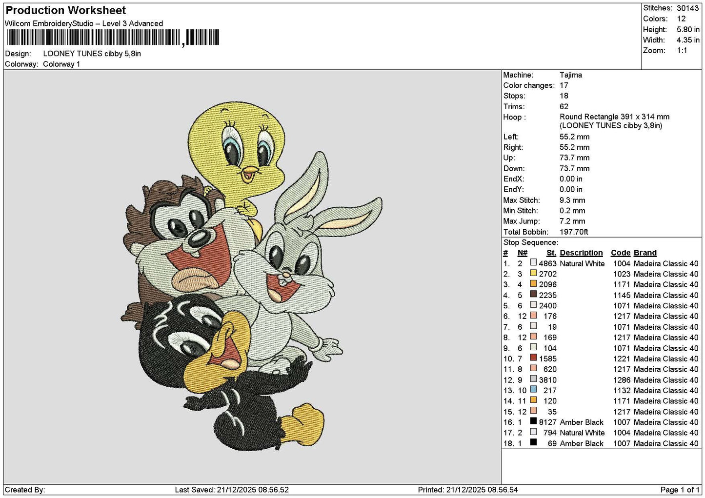 Looney2112 Embroidery File 6 sizes
