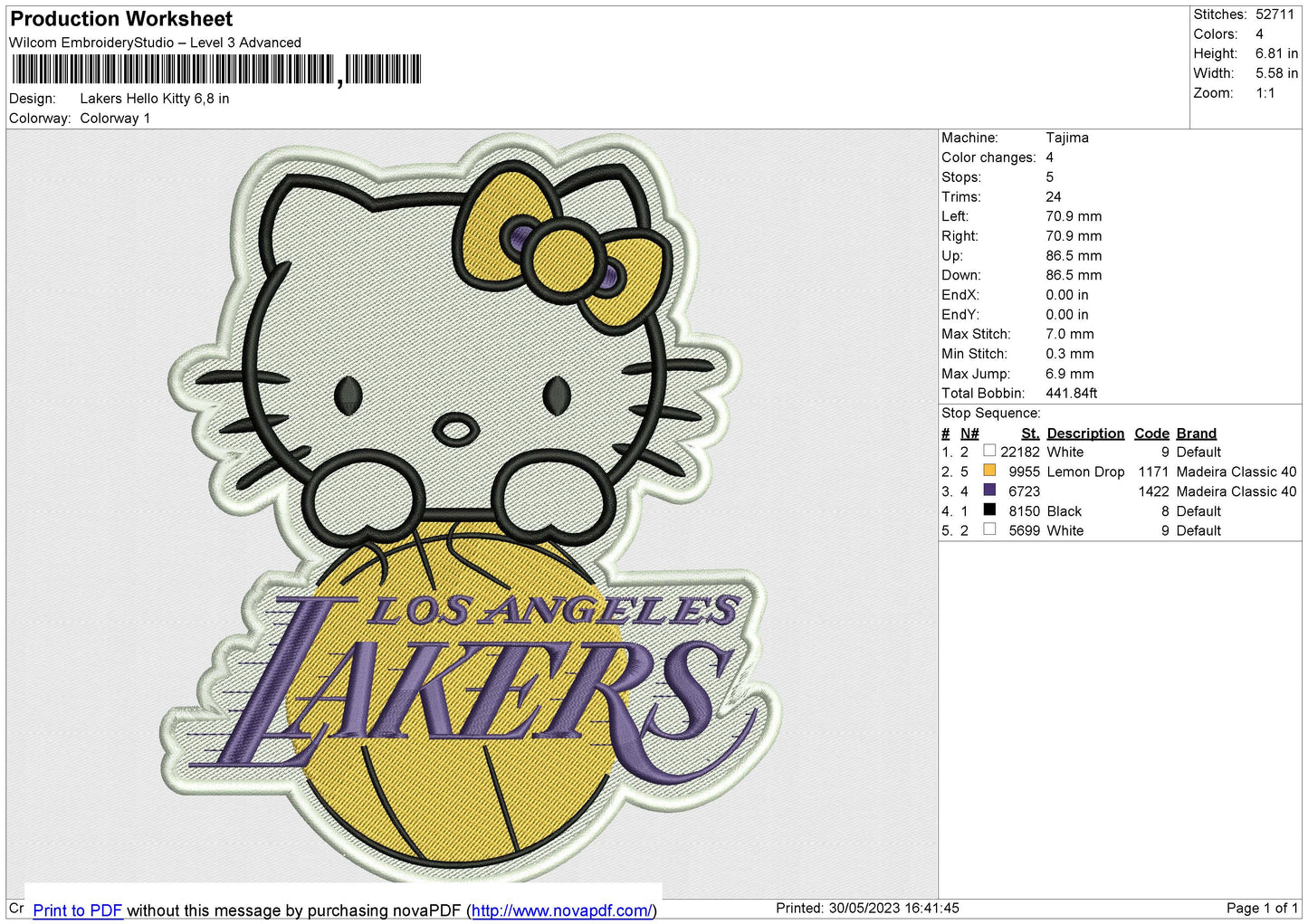 Lakers Hello Kitty Embroidery File 6 size