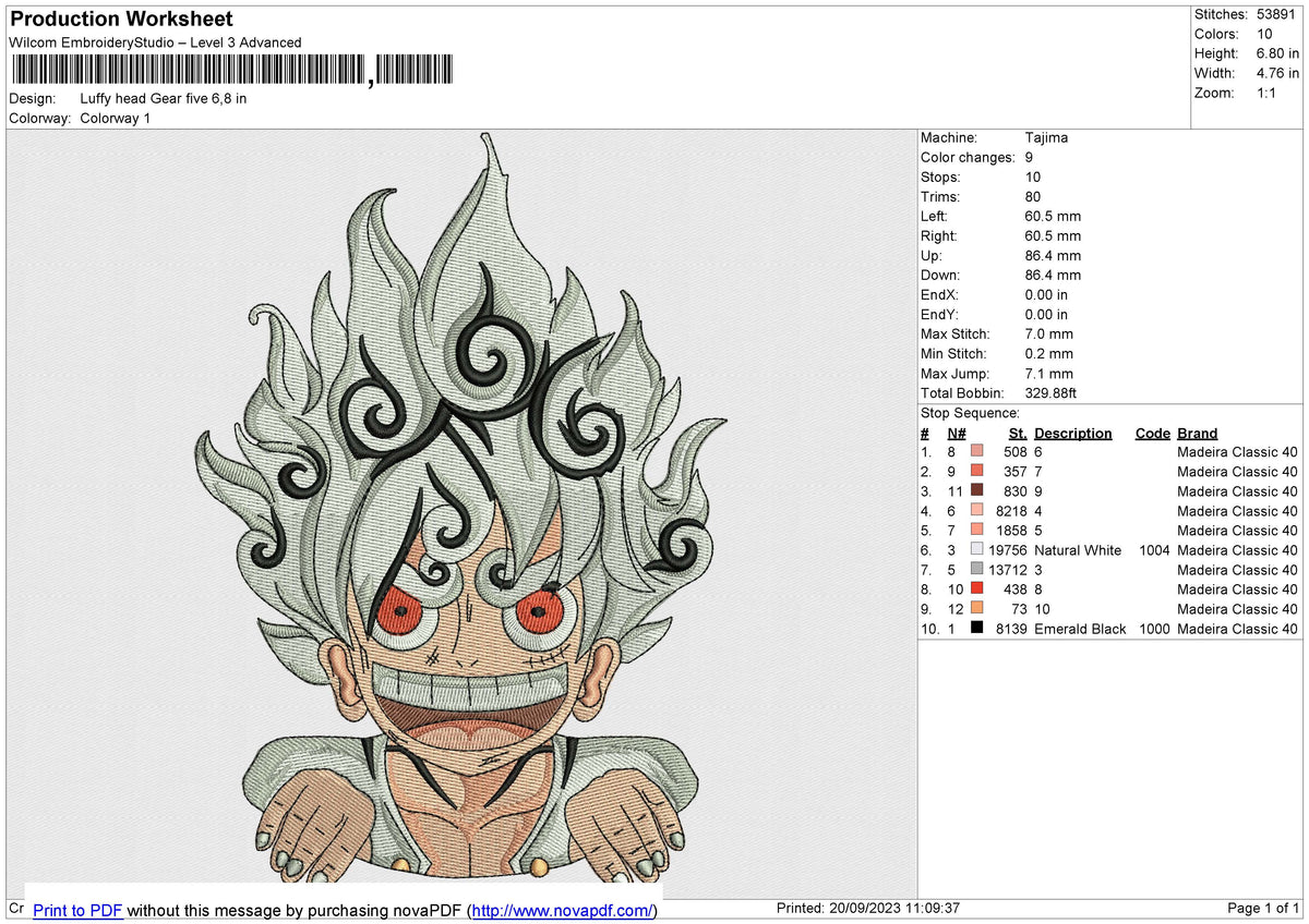 Luffy head Gear five Embroidery File 6 size