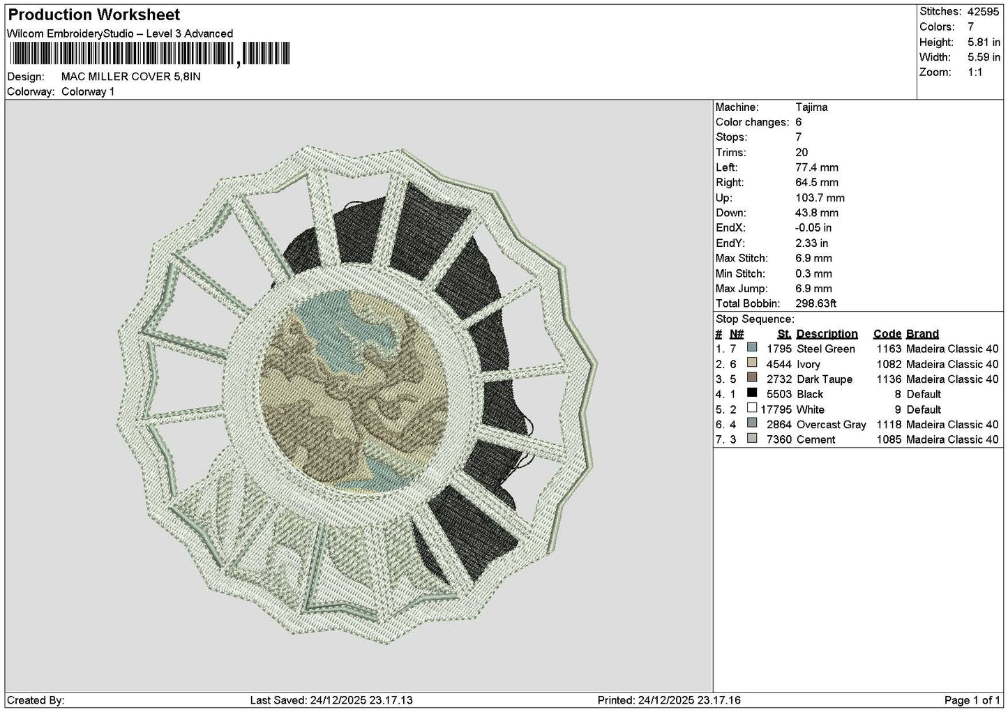 Miller Cover 2412 Embroidery File 6 sizes