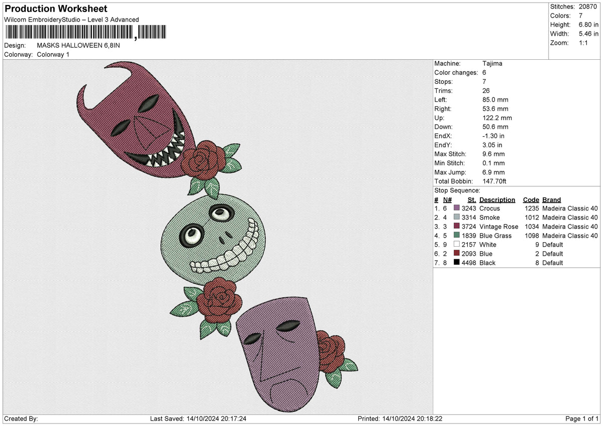 MASKS HALLOWEEN Embroidery File 6 size
