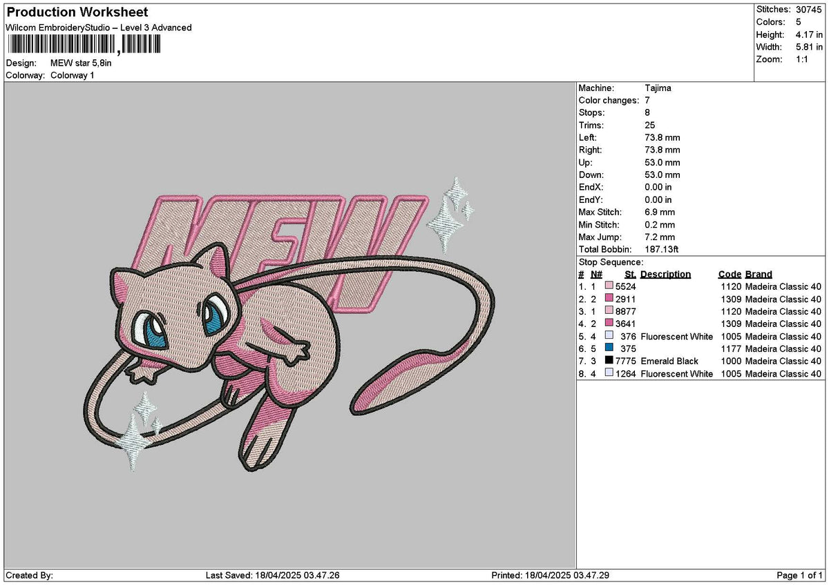 Mew1804 Embroidery File 6 sizes