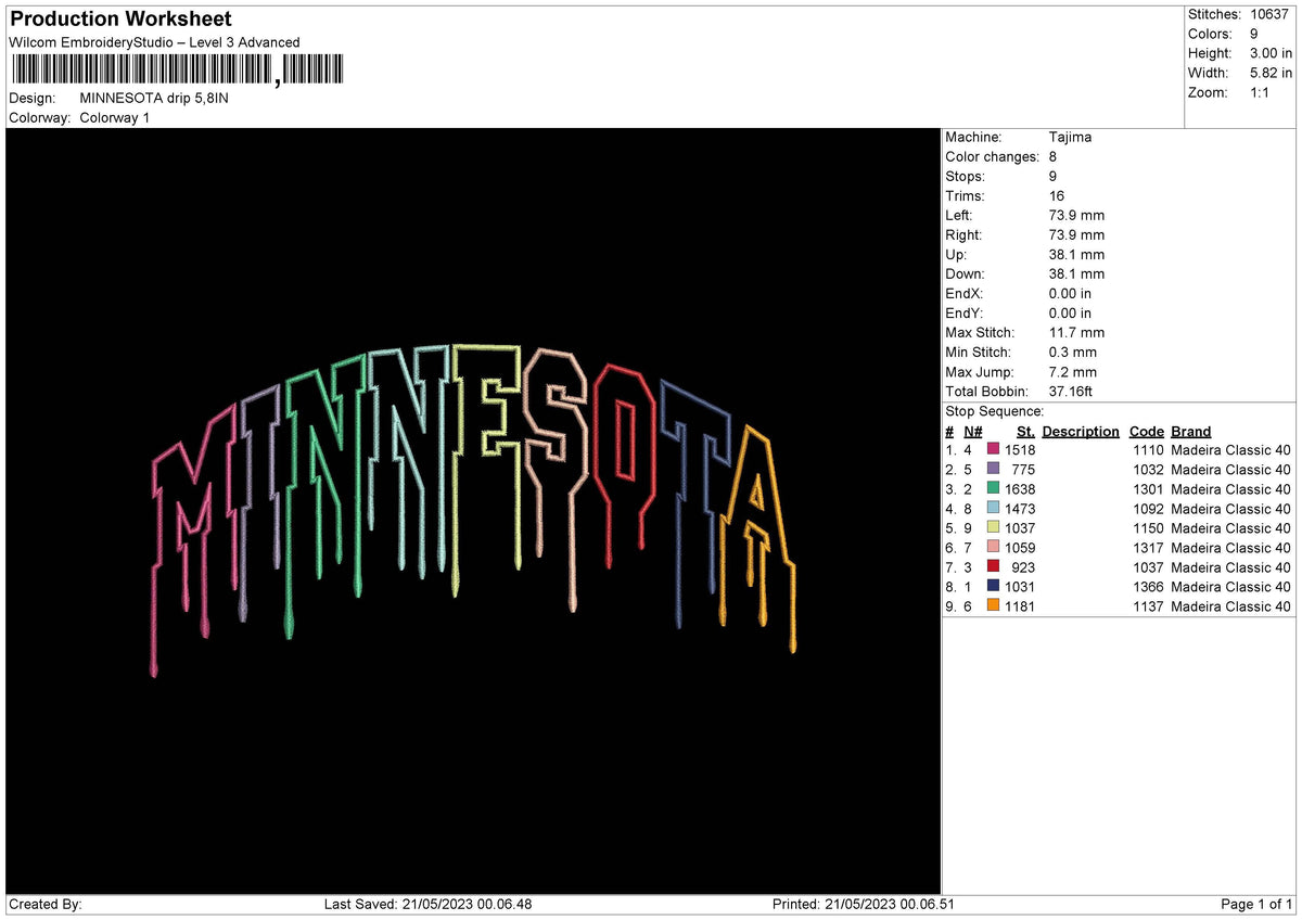 Minnesota Drip Embroidery File 6 sizes