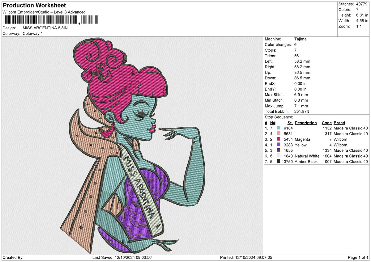 MISS ARGENTINA Embroidery File 6 size