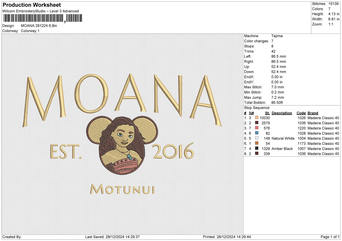 MOANA 281224 Embroidery File 6 size