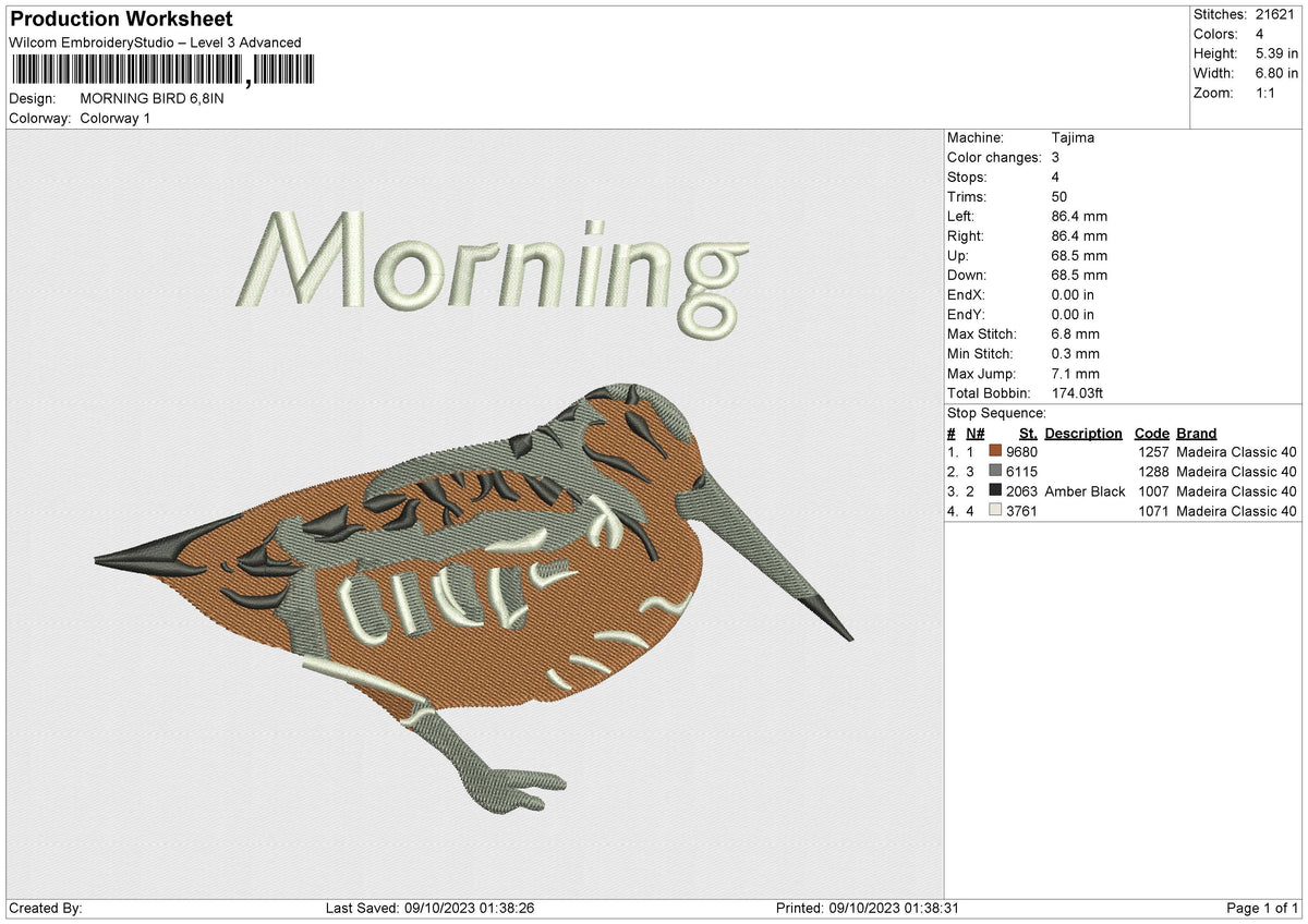 MORNING BIRD Embroidery File 6 size