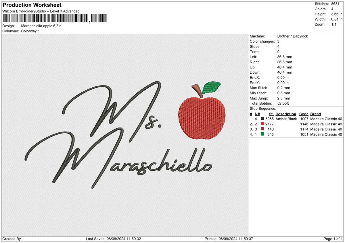 Maraschiello apple Embroidery File 6 size