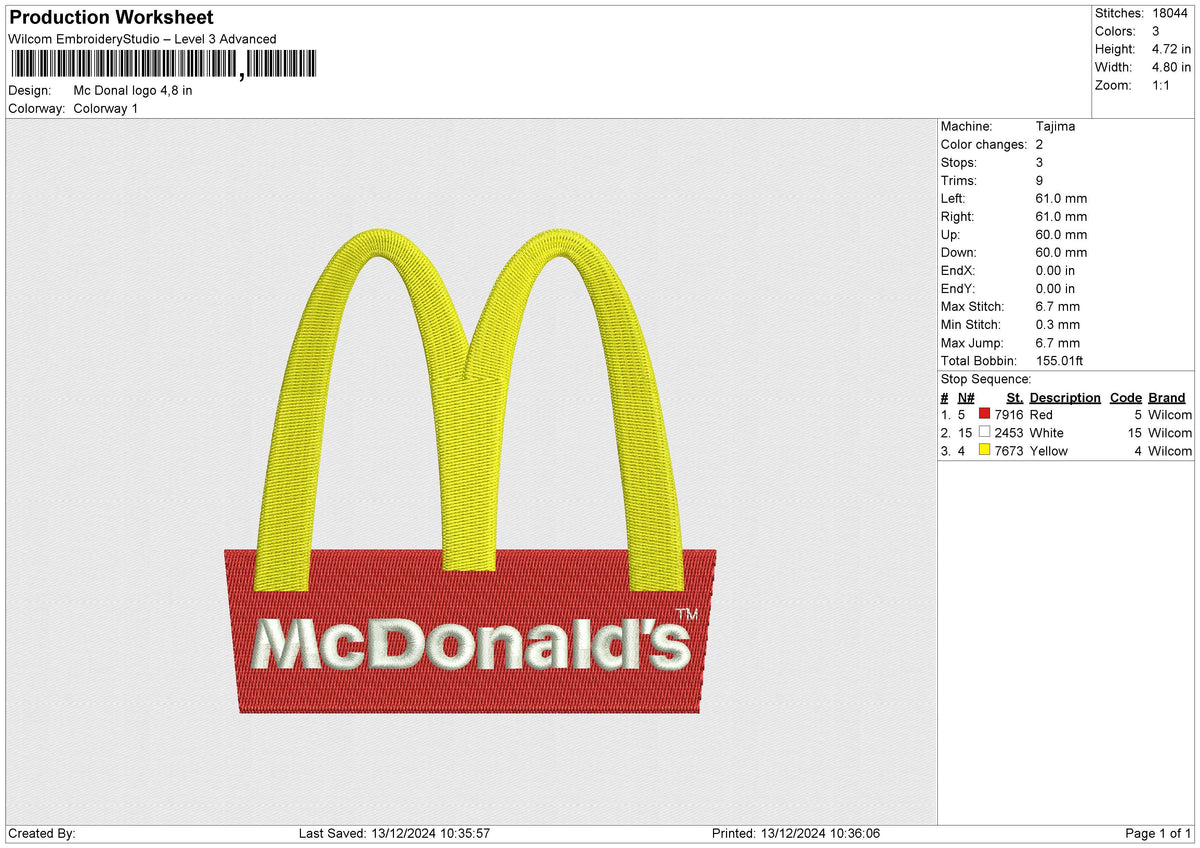 Mc Donal logo Embroidery File 9 size