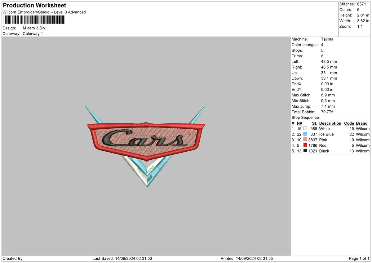 Cars1404 Embroidery File 6 sizes