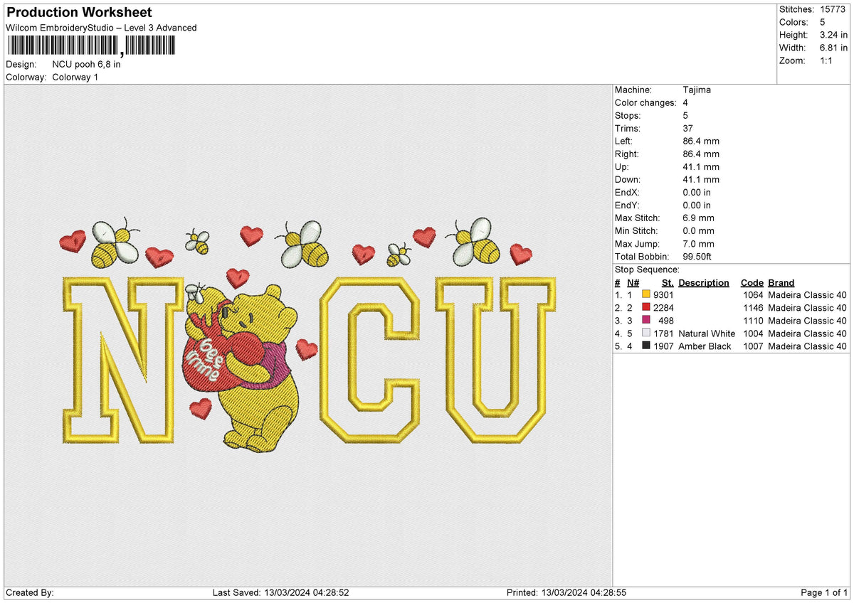 NCU Pooh Embroidery File 6 size