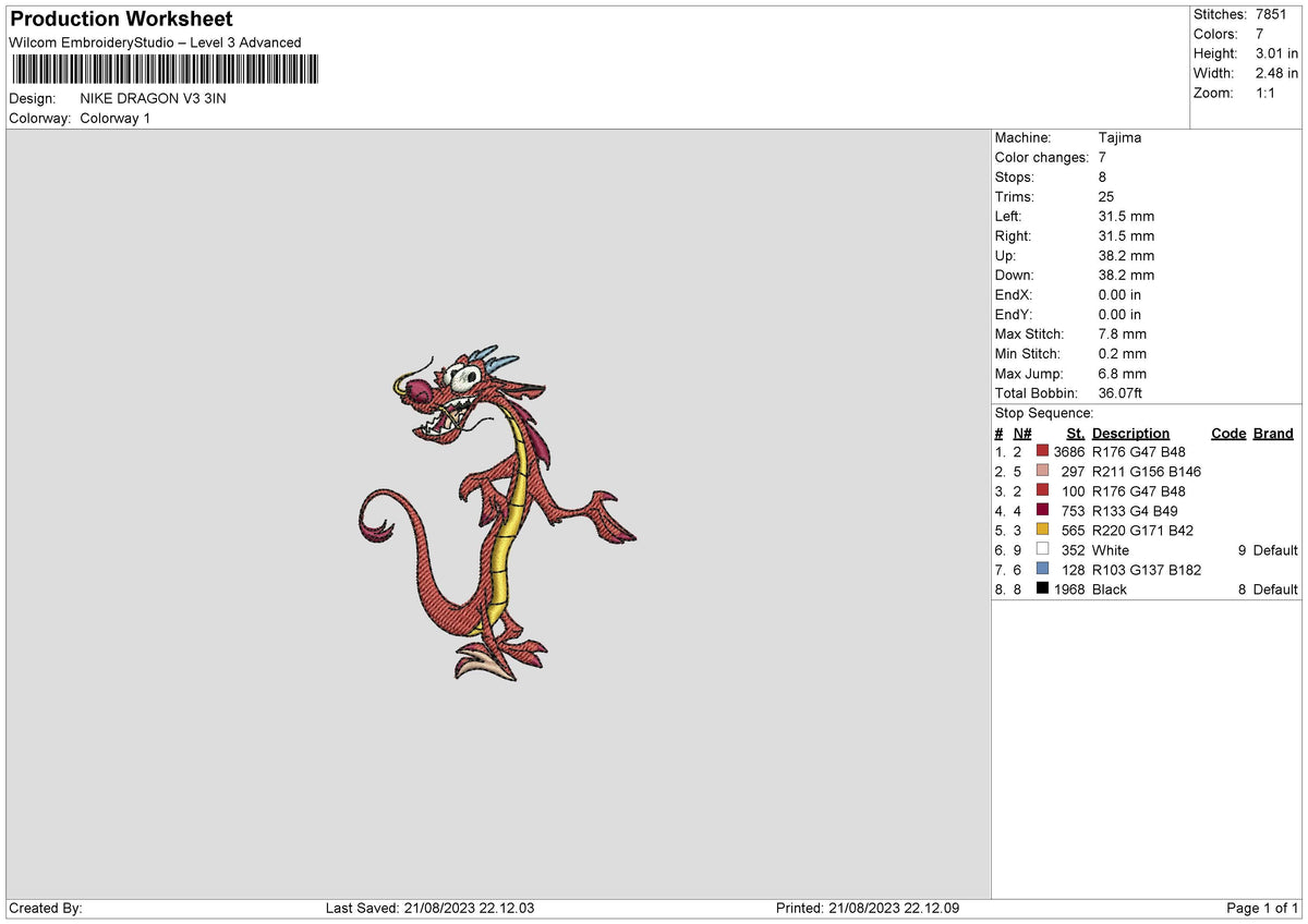 Dragon V3 Embroidery File 6 sizes