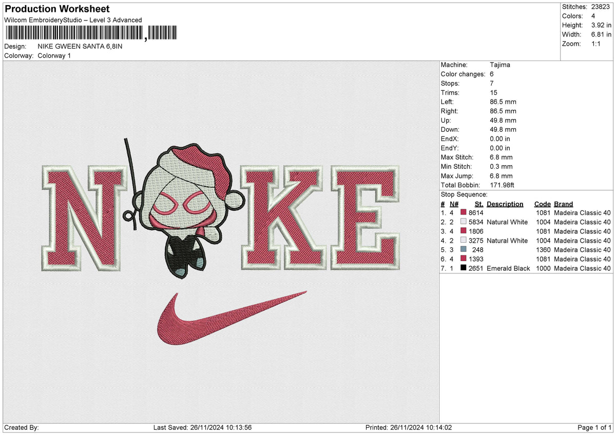 NIKE GWEEN SANTA Embroidery File 6 size