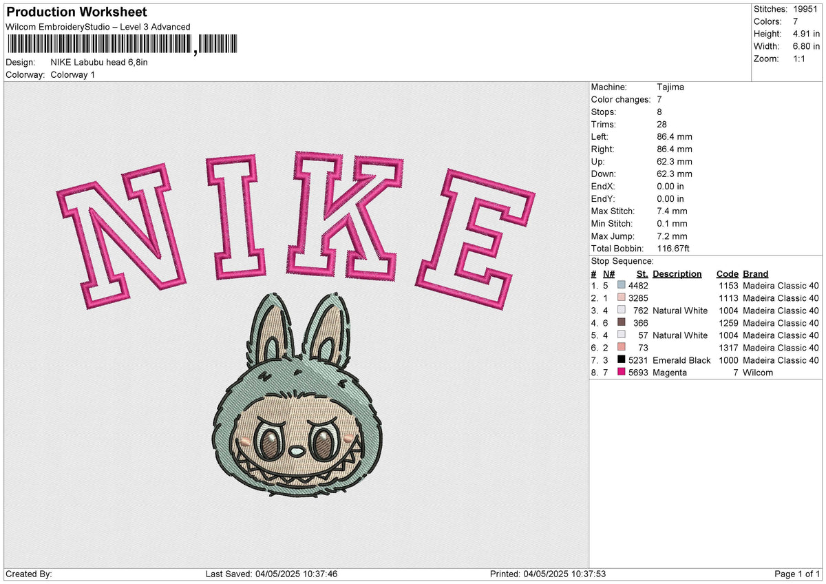 Nike Labubu Head Embroidery File 6 size
