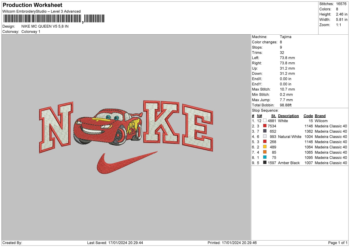 Nike Mcqueen V5 Embroidery File 6 sizes