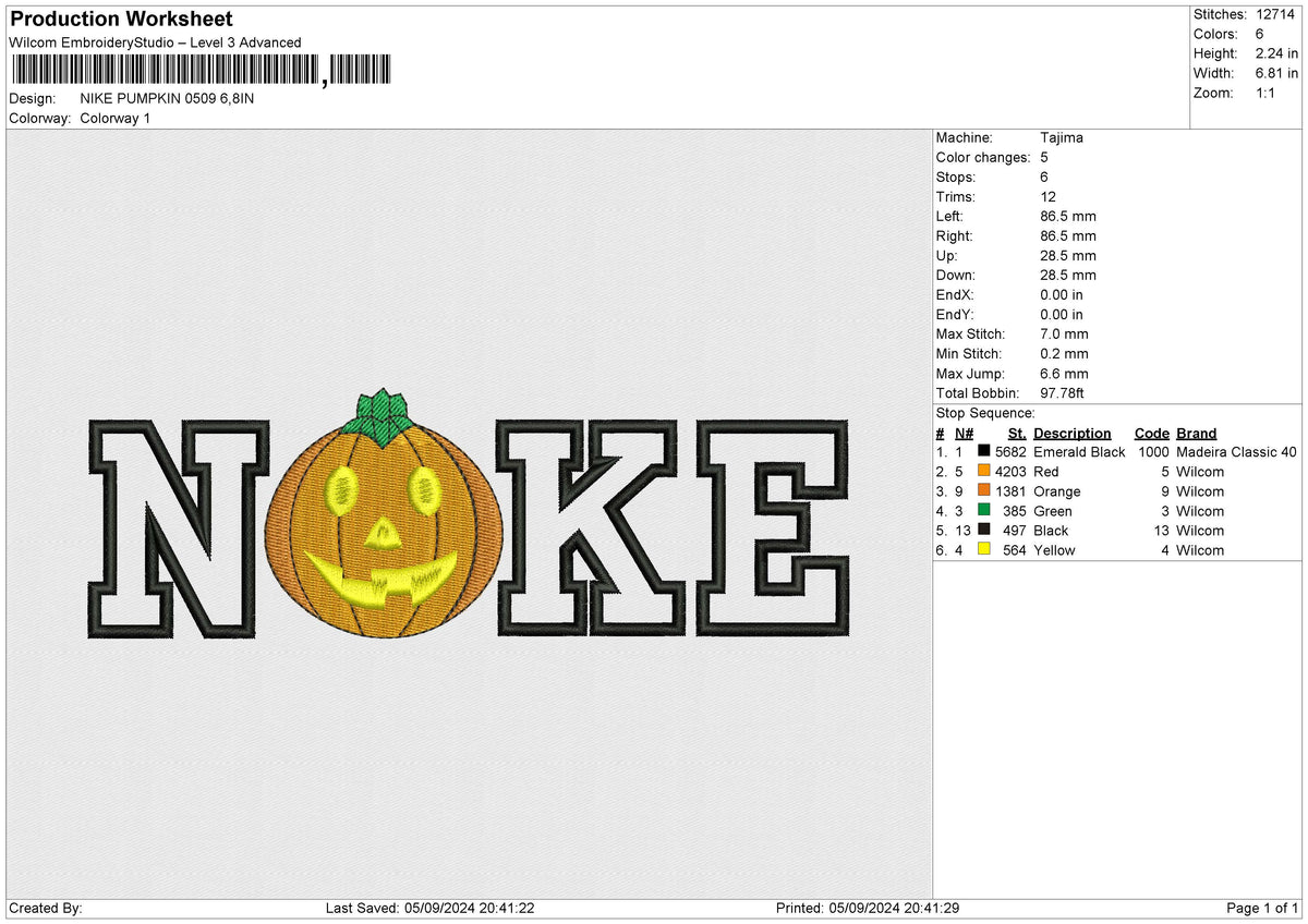 NIKE PUMPKIN 0509 Embroidery File 6 size