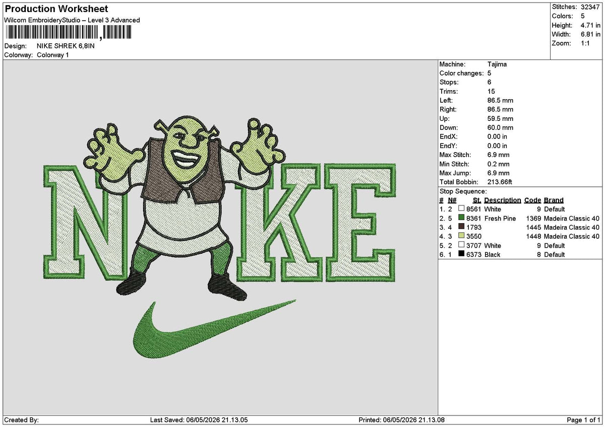 Nike Shrek 0605 Embroidery File 6 sizes