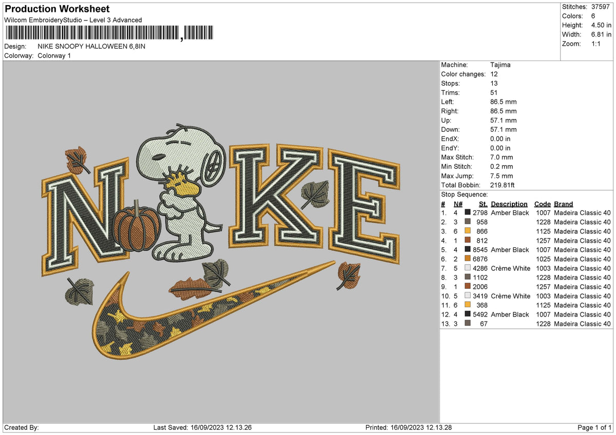 Nike Snoopy Halloween 23 Embroidery File 6 sizes