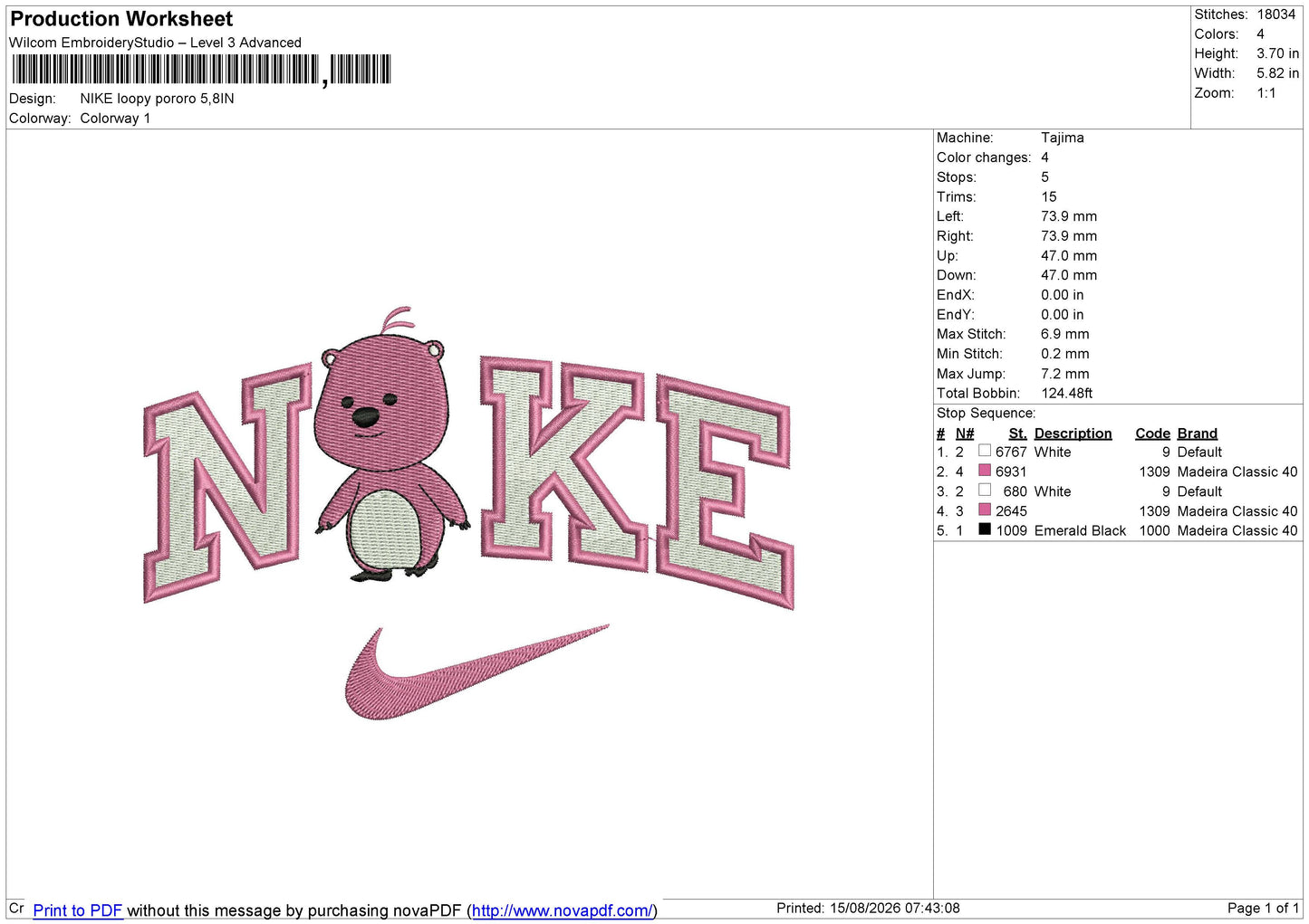NIKE loopy pororo Embroidery File 6 sizes