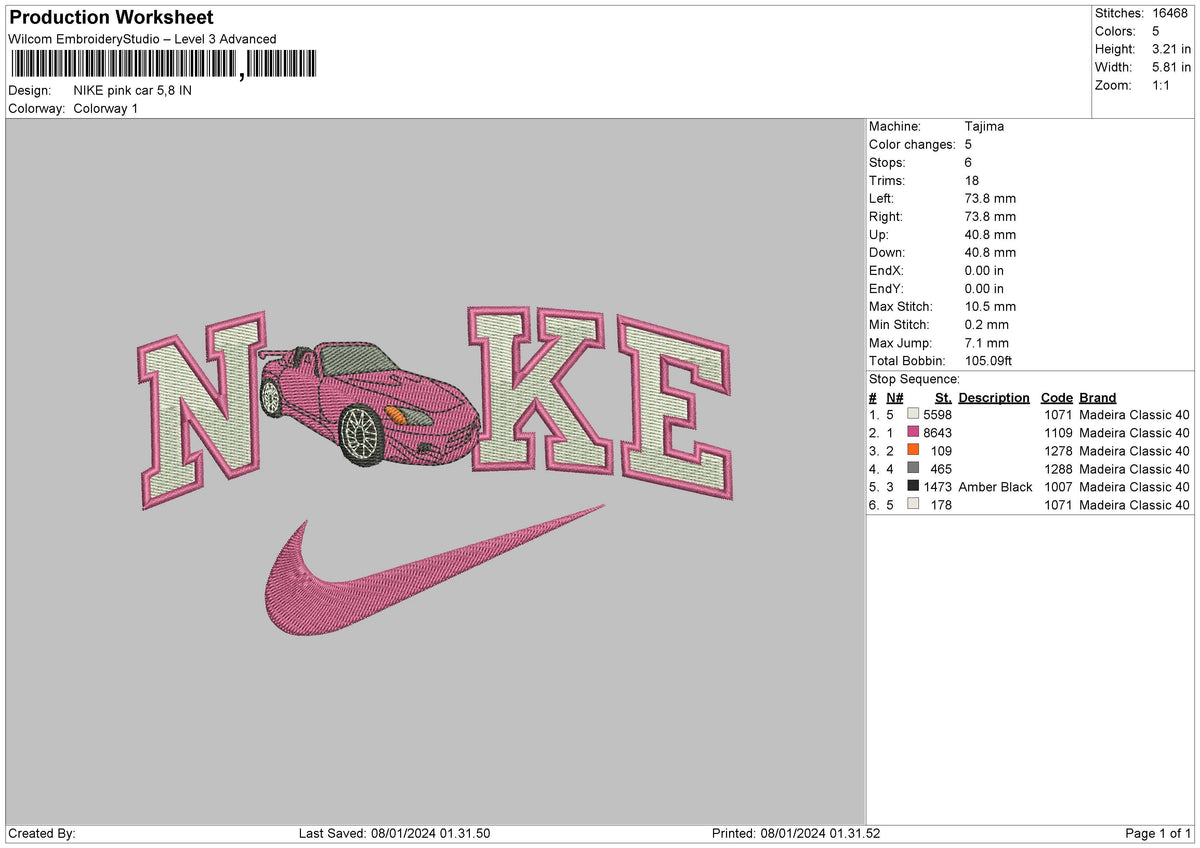 Nike Pink Car Embroidery File 6 sizes