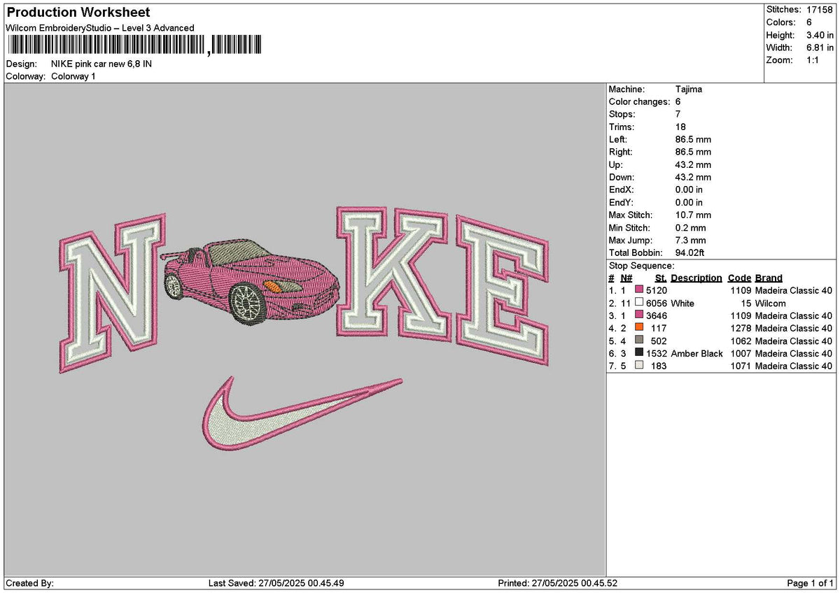 Nike Pink Car New Embroidery File 6 sizes