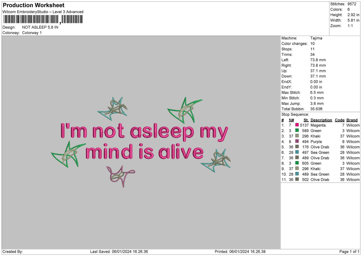 Not Asleep Embroidery File 6 sizes