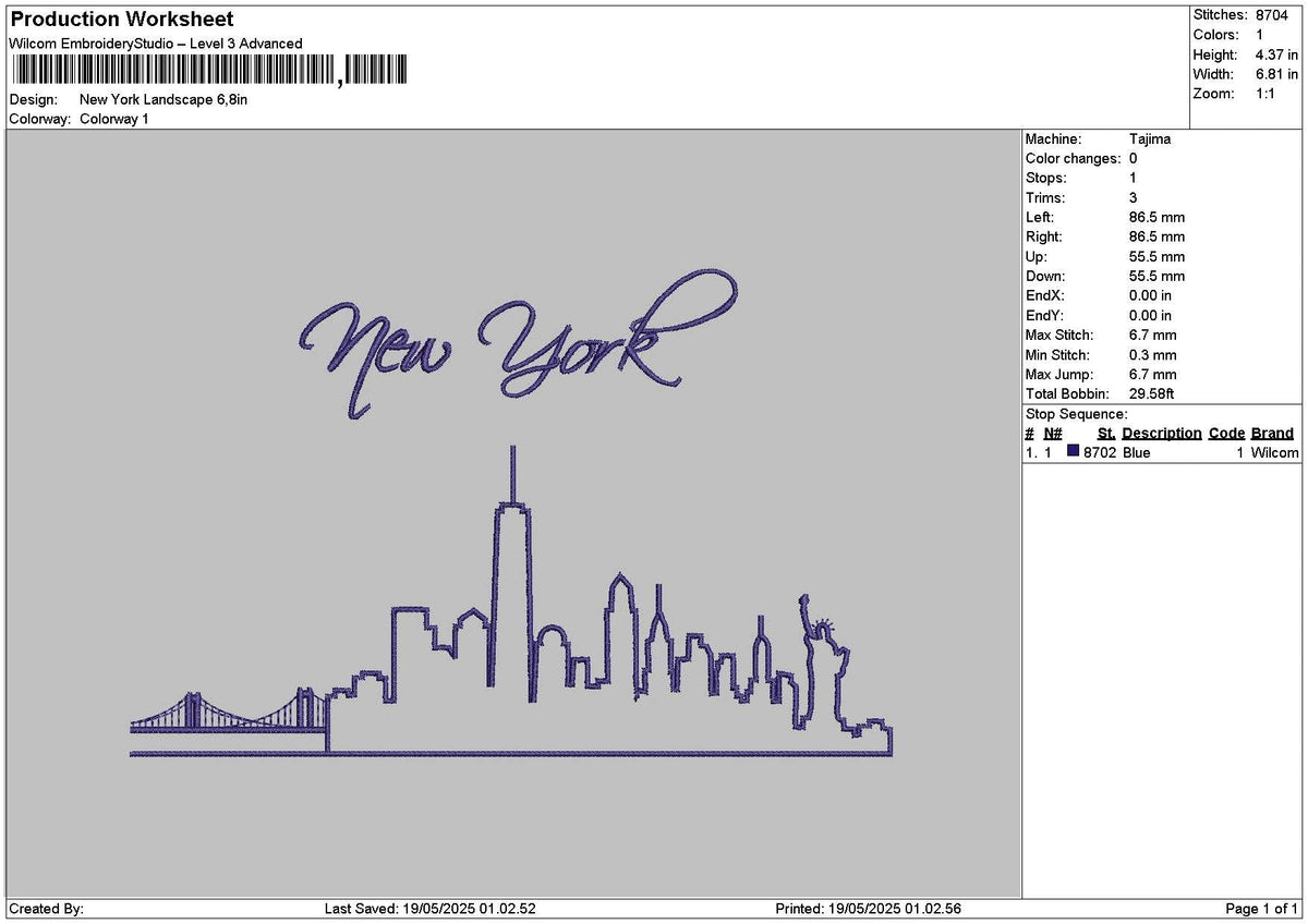 Newyork 1905 Embroidery File 6 sizes