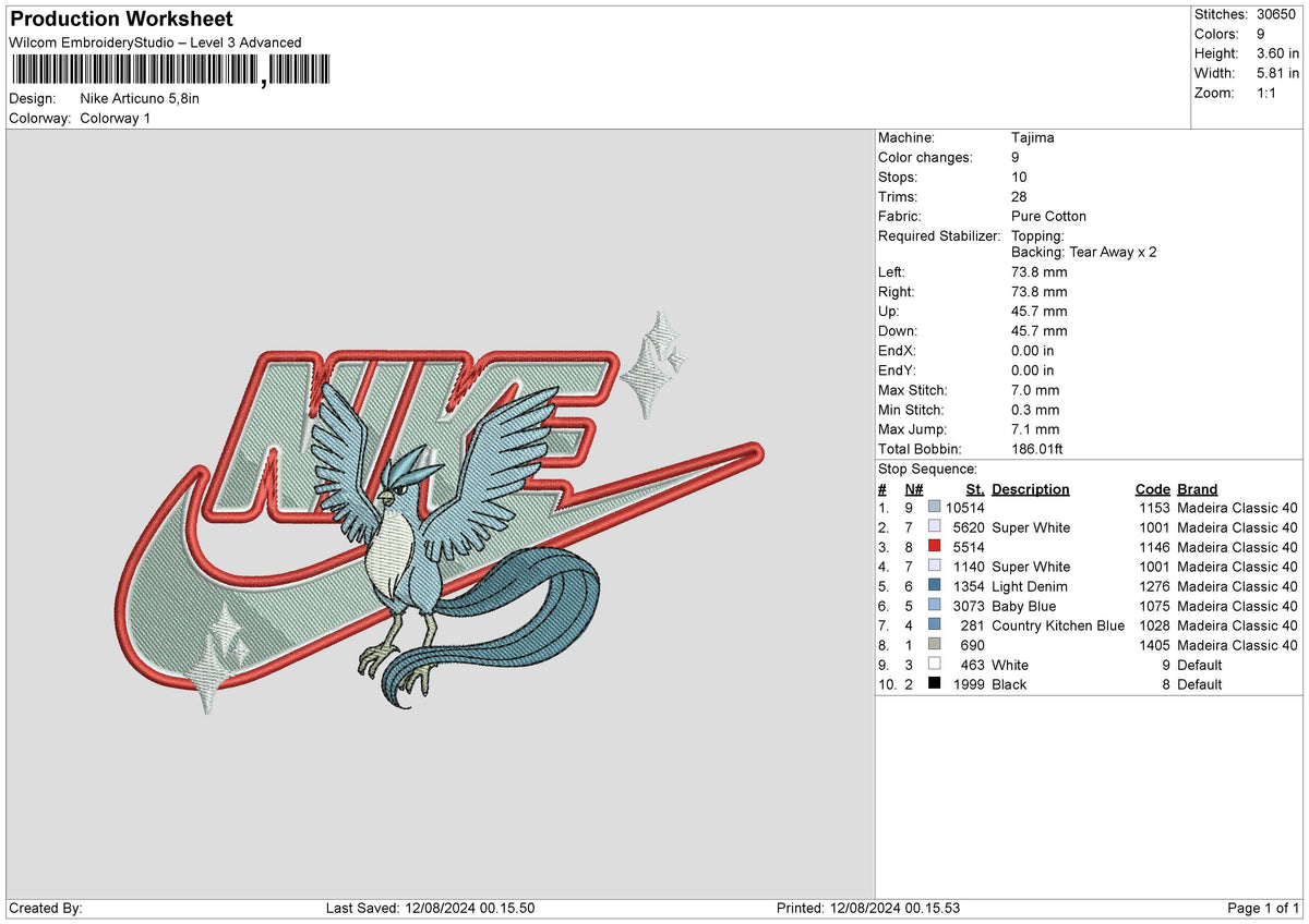 Nike Articuno Embroidery File 6 sizes