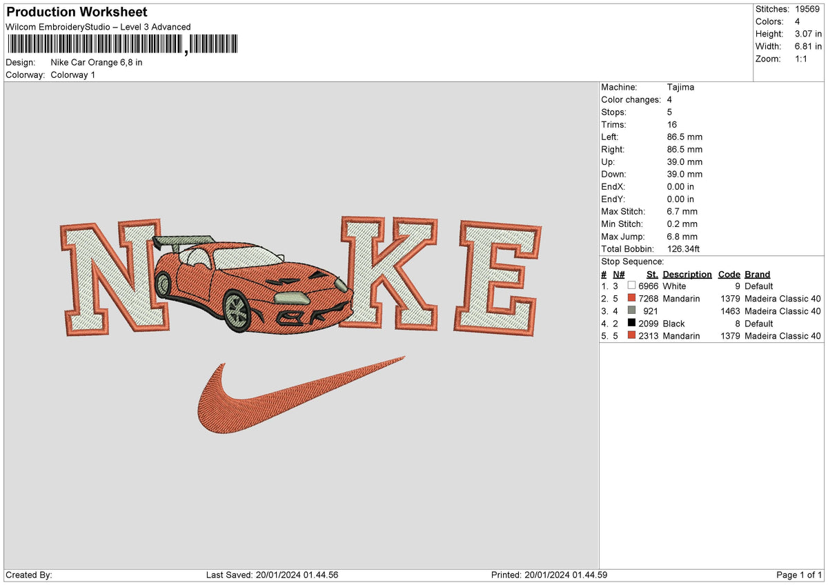 Nike Car Orange Embroidery File 6 sizes