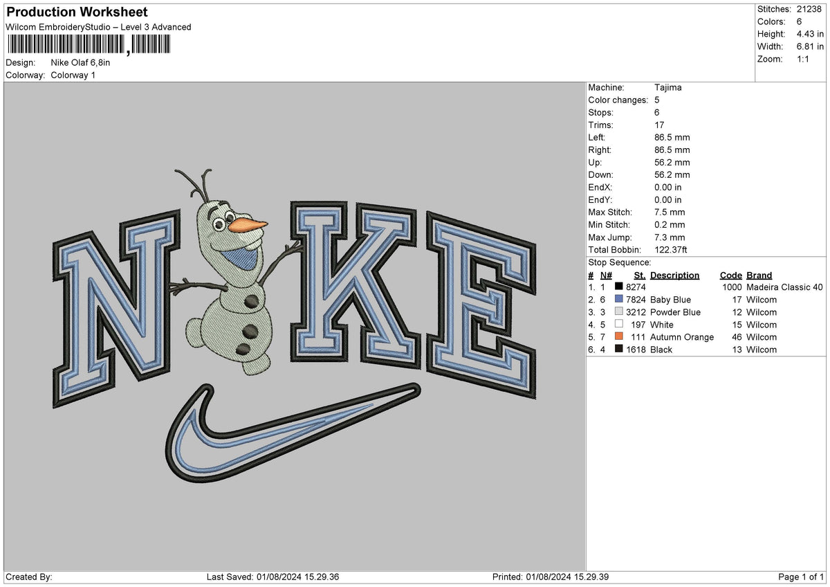 Nike Olaf 0108 Embroidery File 6 size