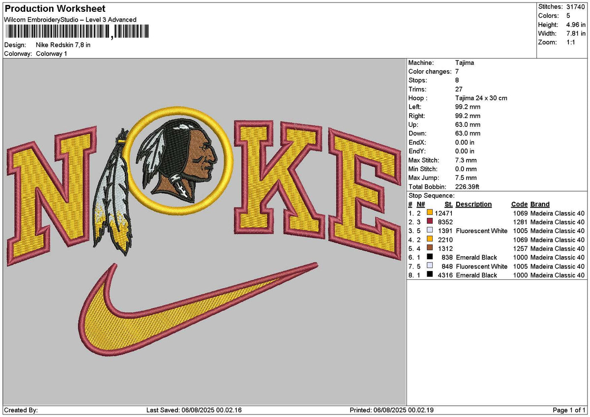 Nike Redskin Embroidery File 6 sizes
