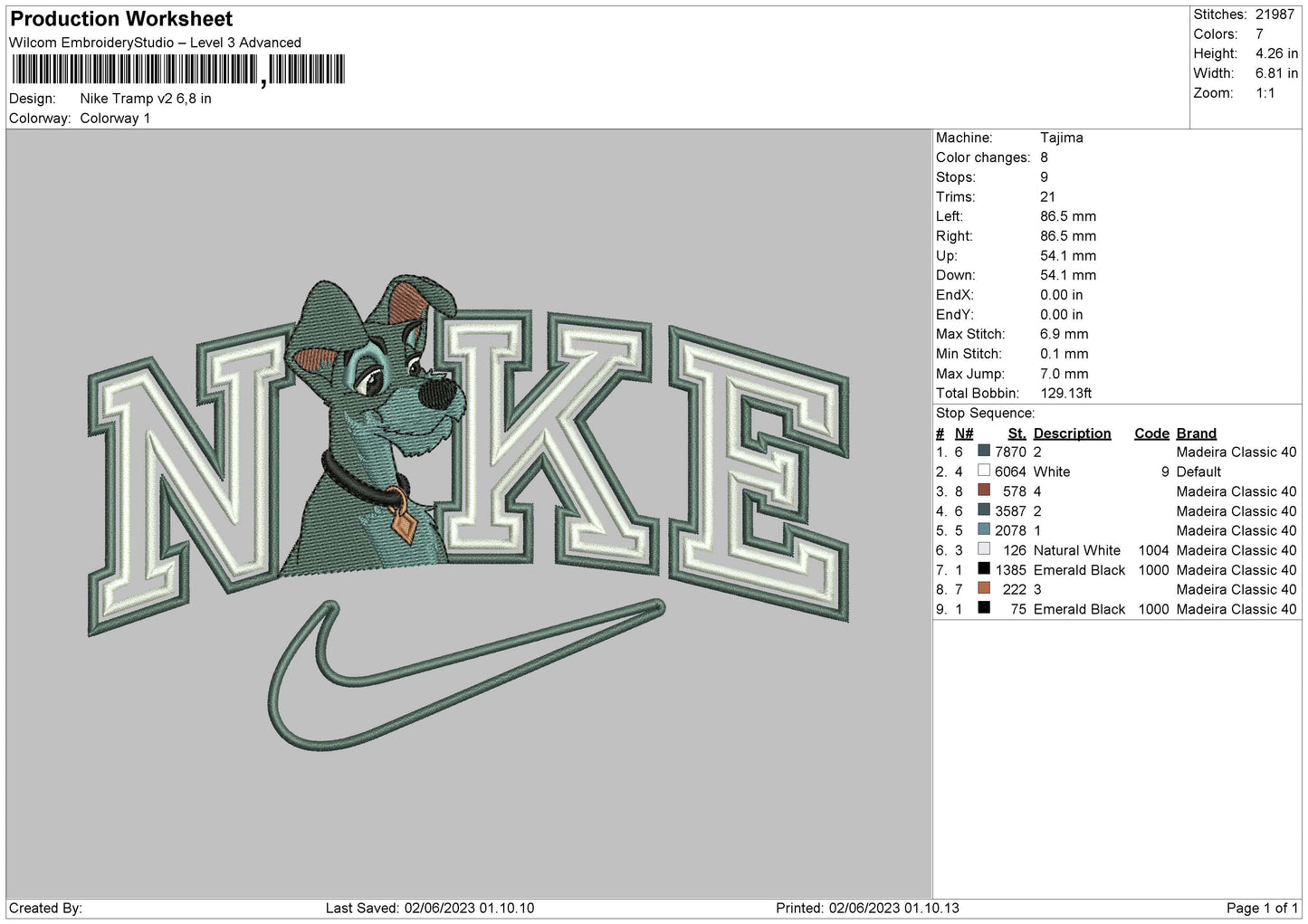 Nike Tramp V2 Embroidery File sizes