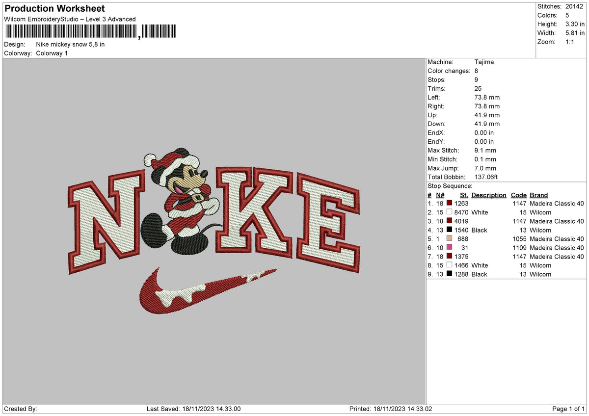 Nike Mickey Snow Embroidery File 6 sizes